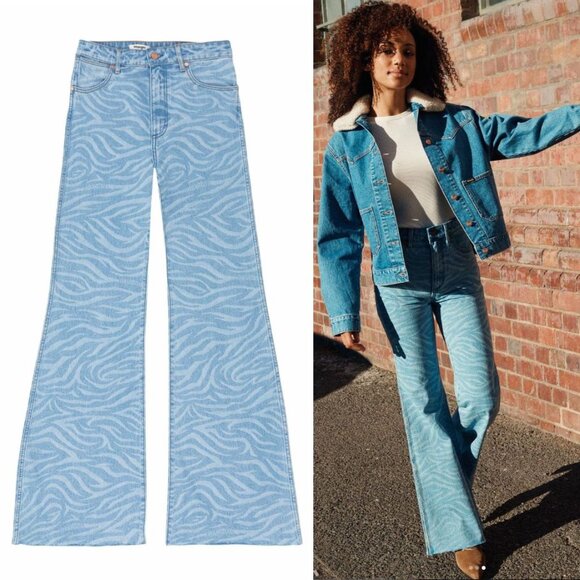 Wrangler Denim - Wrangler Wanderer Flare JEANS Size 29 x 34 Blue Meow Laser Tiger Print NEW